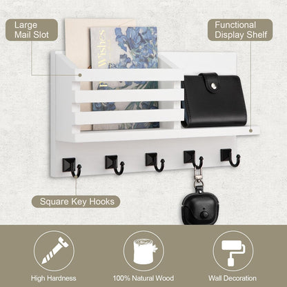 Key Holder Wall Mount, Mail Organizer for Wall with 5 Square Key Hooks | Key Holder for Wall, Key Holder with Shelf Farmhouse Home Decor for Home Entryway