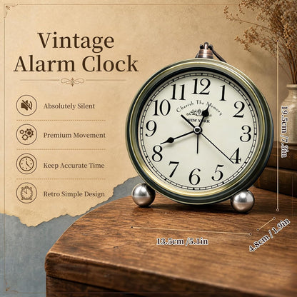 Metal Analog Alarm Clock - 5'' Battery Operated Silent Non-Ticking Quartz Antique Retro Small Desk Clocks for Bedside Bedrooms Living Room Office Home Decor (Bronze)