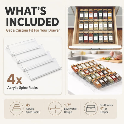 Acrylic Spice Drawer Organizer 4 PK, Expandable 13"-26" Acrylic Spice Rack for Drawer Seasoning Organizer Tray, Shelf Stackable 4-Tier Herb Jar Rack Insert for Kitchen Cabinet, Herb Jars Not Included