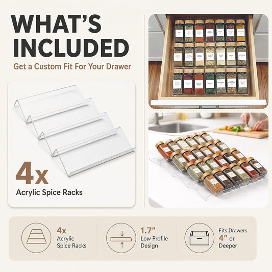 Acrylic Spice Drawer Organizer 4 PK, Expandable 13"-26" Acrylic Spice Rack for Drawer Seasoning Organizer Tray, Shelf Stackable 4-Tier Herb Jar Rack Insert for Kitchen Cabinet, Herb Jars Not Included