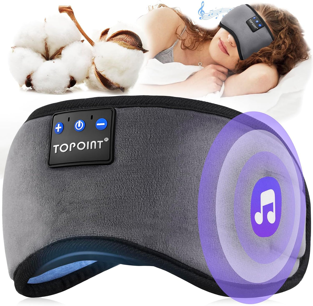 TOPOINT Sleep Mask Headphones Bluetooth Wireless 5.4, Breathable Cotton Eye Mask for Sleeping Side Sleepers Travel Music Headsets with Microphone Handsfree Men Women