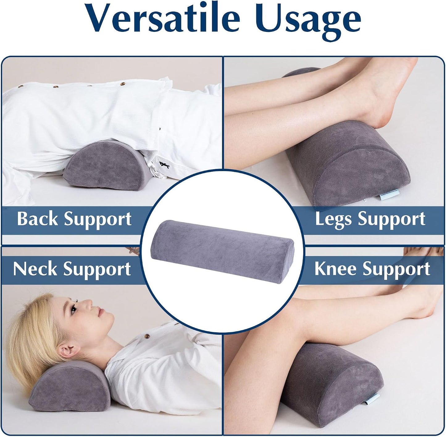 Knee Pillow for Back Sleeping, Grey | Memory Foam Bolster, Pain Relief, Half Moon Shape, For Legs & Under Knee