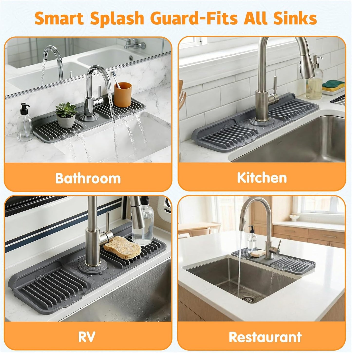 Silicone Faucet Mat for Kitchen Sink, 24" Splash Guard 7° Slope Fast Drain | Adjustable hole cutout for easy install, fits kitchen & bathroom sinks; food-grade silicone, easy to clean, keeps counter dry