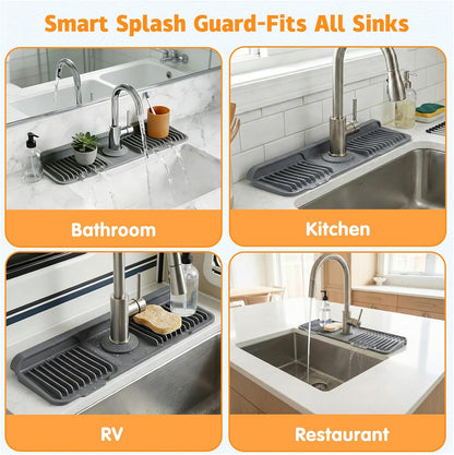 Silicone Faucet Mat for Kitchen Sink, 24" Splash Guard 7° Slope Fast Drain | Adjustable hole cutout for easy install, fits kitchen & bathroom sinks; food-grade silicone, easy to clean, keeps counter dry
