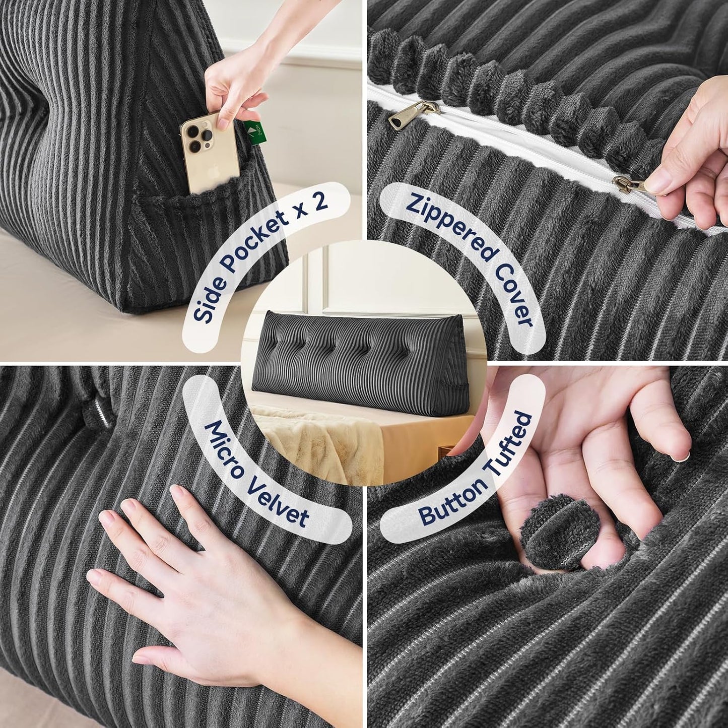 Z-hom Headboard Pillow, Wedge Backrest Cushion, Queen Size,NO Roll Pillow | Grey Triangular Backrest Cushion Equipped,NO Roll Pillow,Ideal for Reading,Sitting Up in Bed&Filling Headboard Gaps