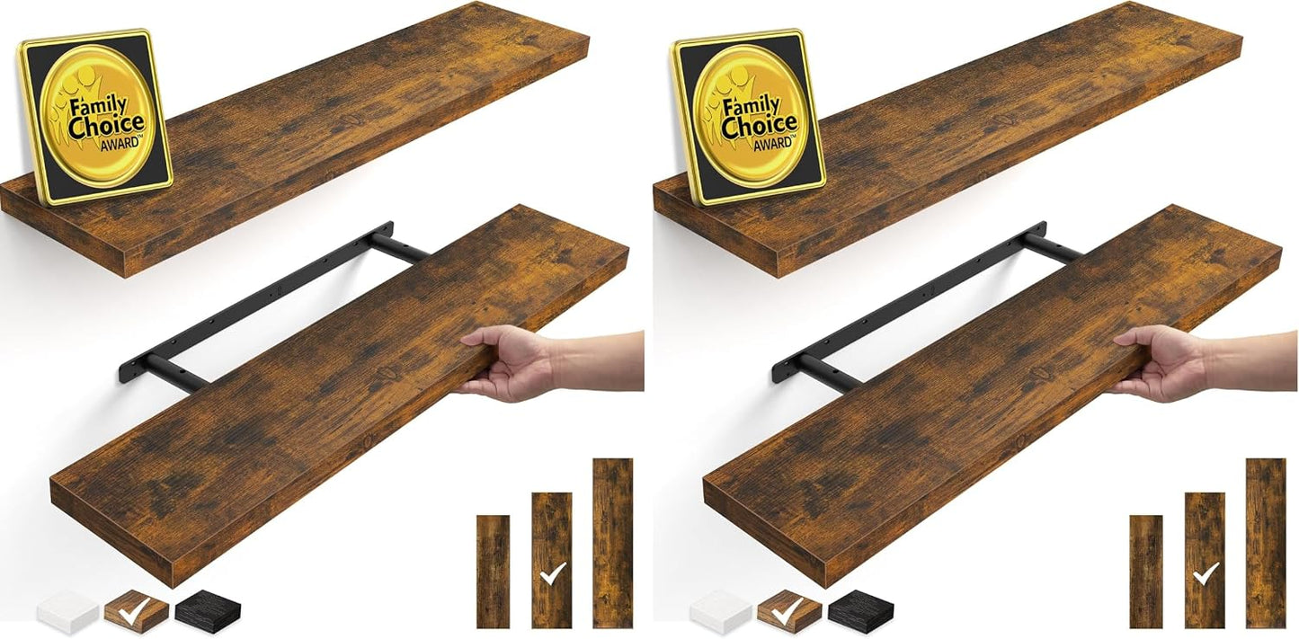 BAYKA Rustic Brown Floating Shelves 22.5in, Set of 2, Wall Mount Wood Shelf | Easy Install, 22lbs Max Load, Hidden Bracket, for Bathroom Bedroom Living Room or Kitchen, Hanging Shelf Book Decor Storage