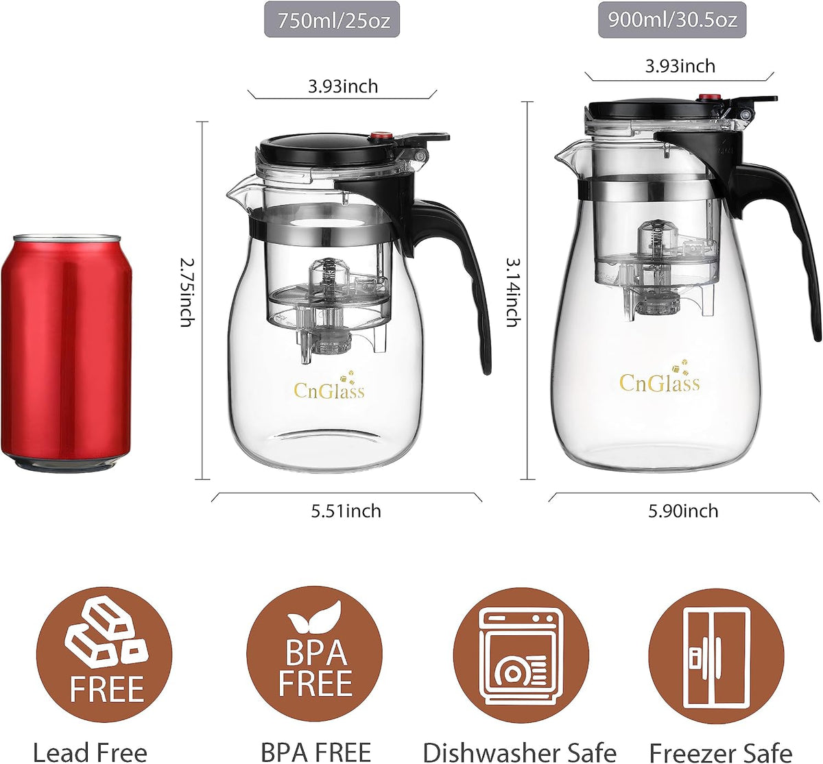 CNGLASS Glass Teapot with Removable Infuser,20oz(600ml) Clear Glass Tea Kettle Stovetop Safe,Glass Teapot with Strainer for Blooming and Loose Leaf Tea