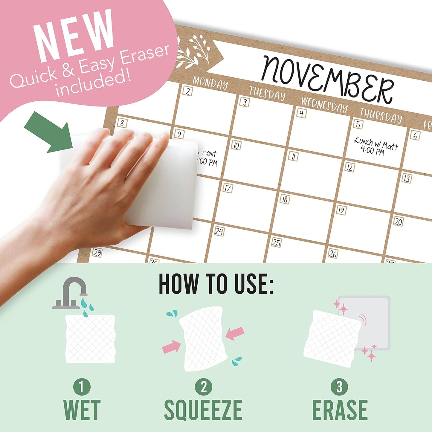 Hadley Designs Magnetic Calendar for Refrigerator - Kraft White Magnetic Dry Erase Calendar, Dry Erase Calendars for Wall, Magnet Fridge Calendars, Notepad for Fridge with Magnet
