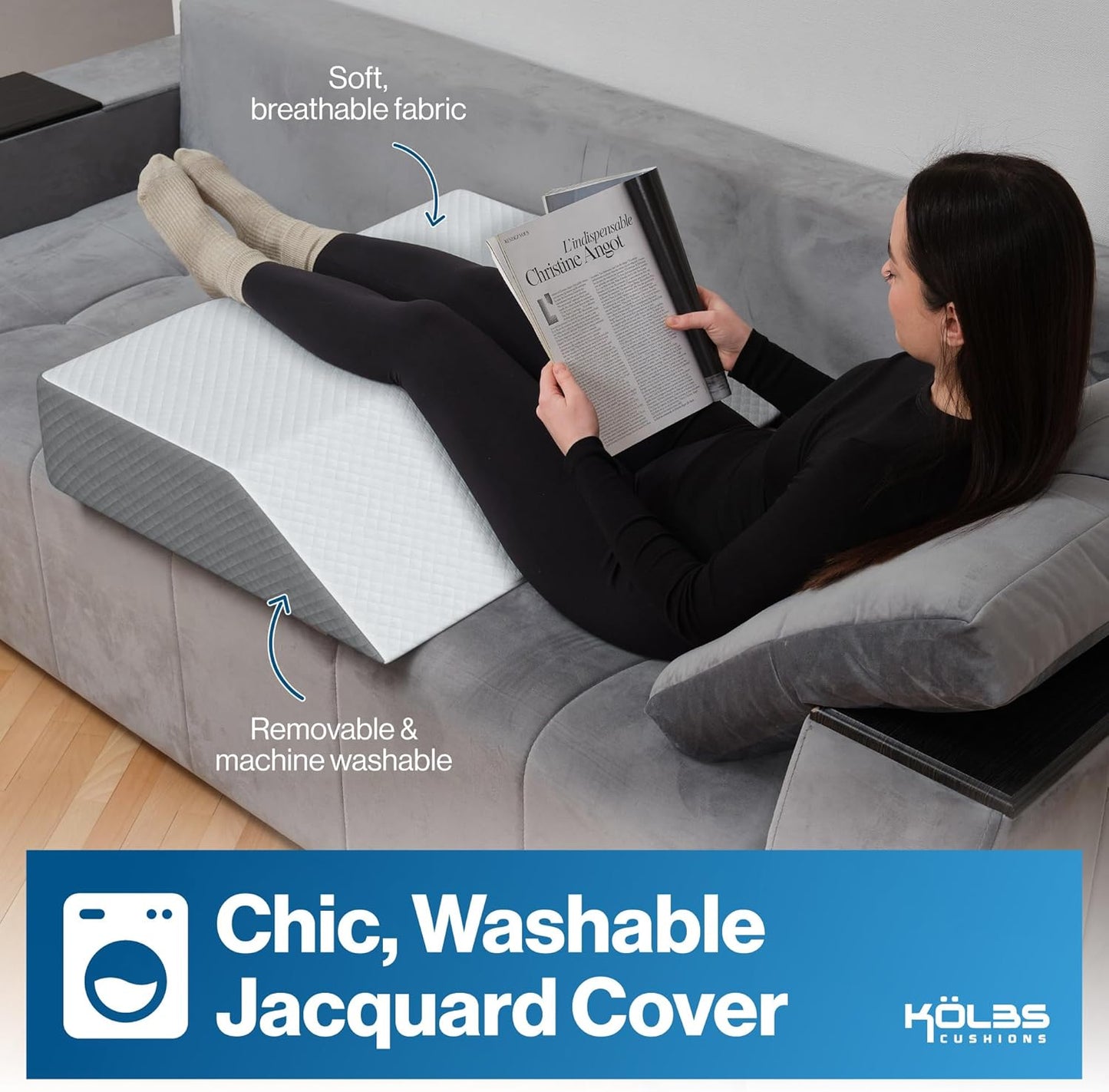 Kölbs Extra Wide Leg Elevation Pillow, Chic Jacquard Cover, XL and Wide for More Comfort Bed Wedge Pillow for Legs, Leg, Knee, Ankle Elevation Post Surgery