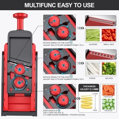 SupMaKin Safe Mandoline Slicer Plus for Kitchen Adjustable Vegetable Slicer | 0.1-8mm, Cut Resistant Stainless Steel Blades,Potato Fry Cutter, Onion Chopper, Detachable,Foldable Dishwasher Safe, Gifts