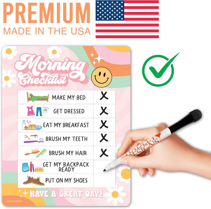 Magnetic Morning & Bedtime Routine Chart for Kids - Customizable Toddler Daily Schedule Board with Dry Erase Surface, Stickers & Marker, Build Habits with Visual Checklists, Boho Theme