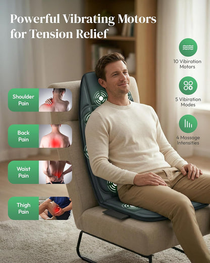 Heycool Back Massager with Heat, 10 Motors Vibration Pad for Office Chair | Massage Pad for Muscle Tension Relief, 5 Modes & 4 Intensities, Gifts for Women Men