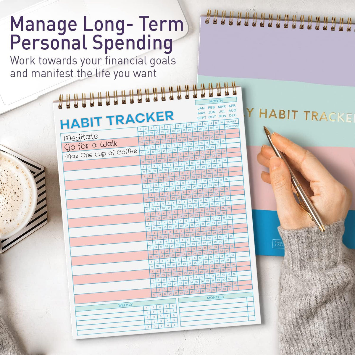 S&O Striped Habit Tracker Calendar - 24 Month Daily task Journal - Undated Routine Planner with Personalized Goal Chart for Health, Fitness & Finance - Weekly Chore Chart for Adults
