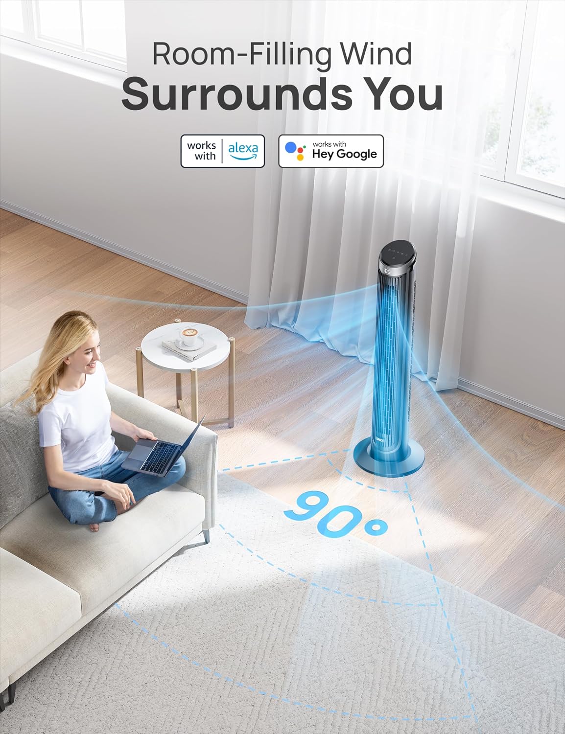 DREO Smart Tower Fan for Bedroom, 90° Oscillating Fan, 26ft/s Wind, 28dB