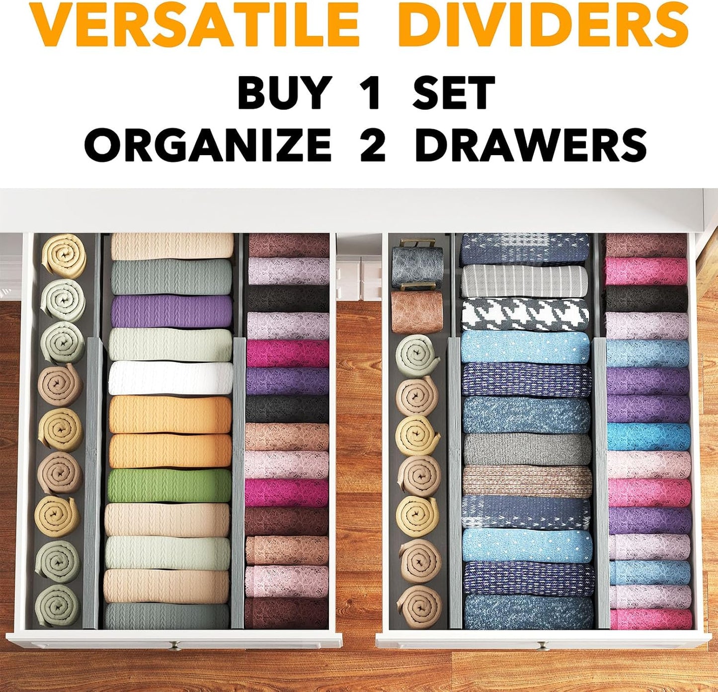 SpaceAid Bamboo 4 Pack Dresser Drawer Dividers, 4.65“ High Adjustable 12.5“-17” Drawer Organizers, Expandable Organization for Clothing, Clothes, Dressers, Black