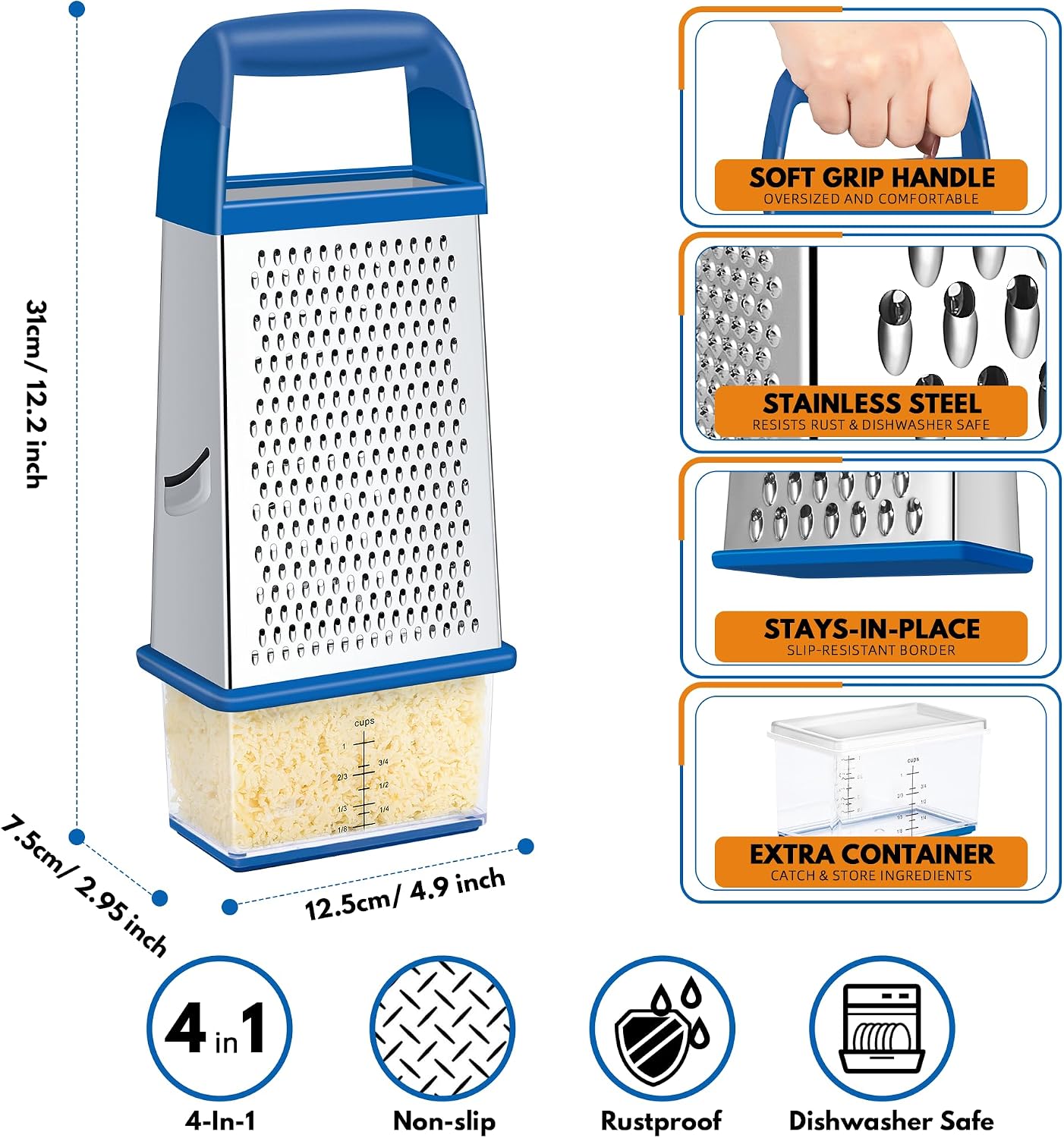 Urbanstrive Cheese Grater With Container Box Grater Stainless Steel Graters for Kitchen Cheese Shredder Parmesan Shredder Kitchen Gadgets Kitchen Tools Kitchen Gifts for Chef Dishwasher Safe Zester
