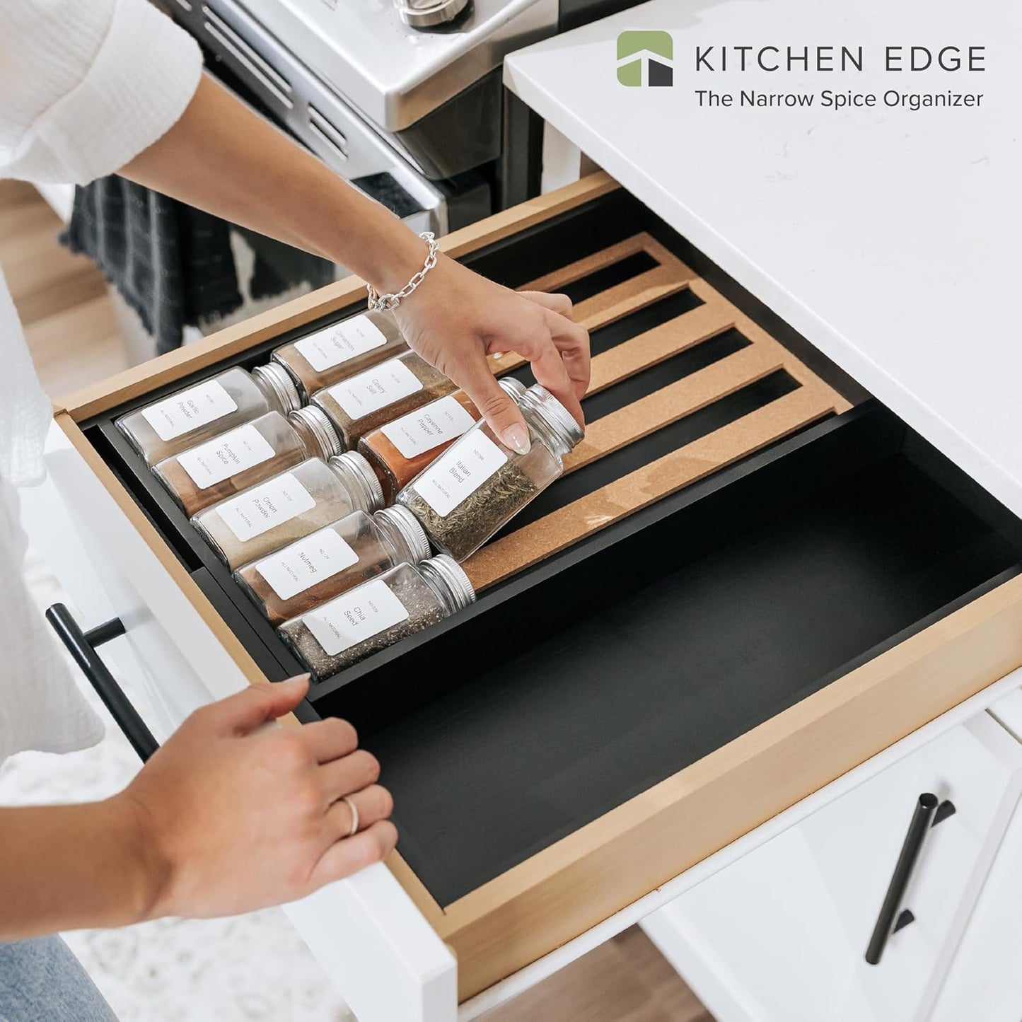 Expandable Spice Drawer Organizer, Bamboo | Holds up to 15 spice jars (not included), non-slip feet, 100% sustainable bamboo wood