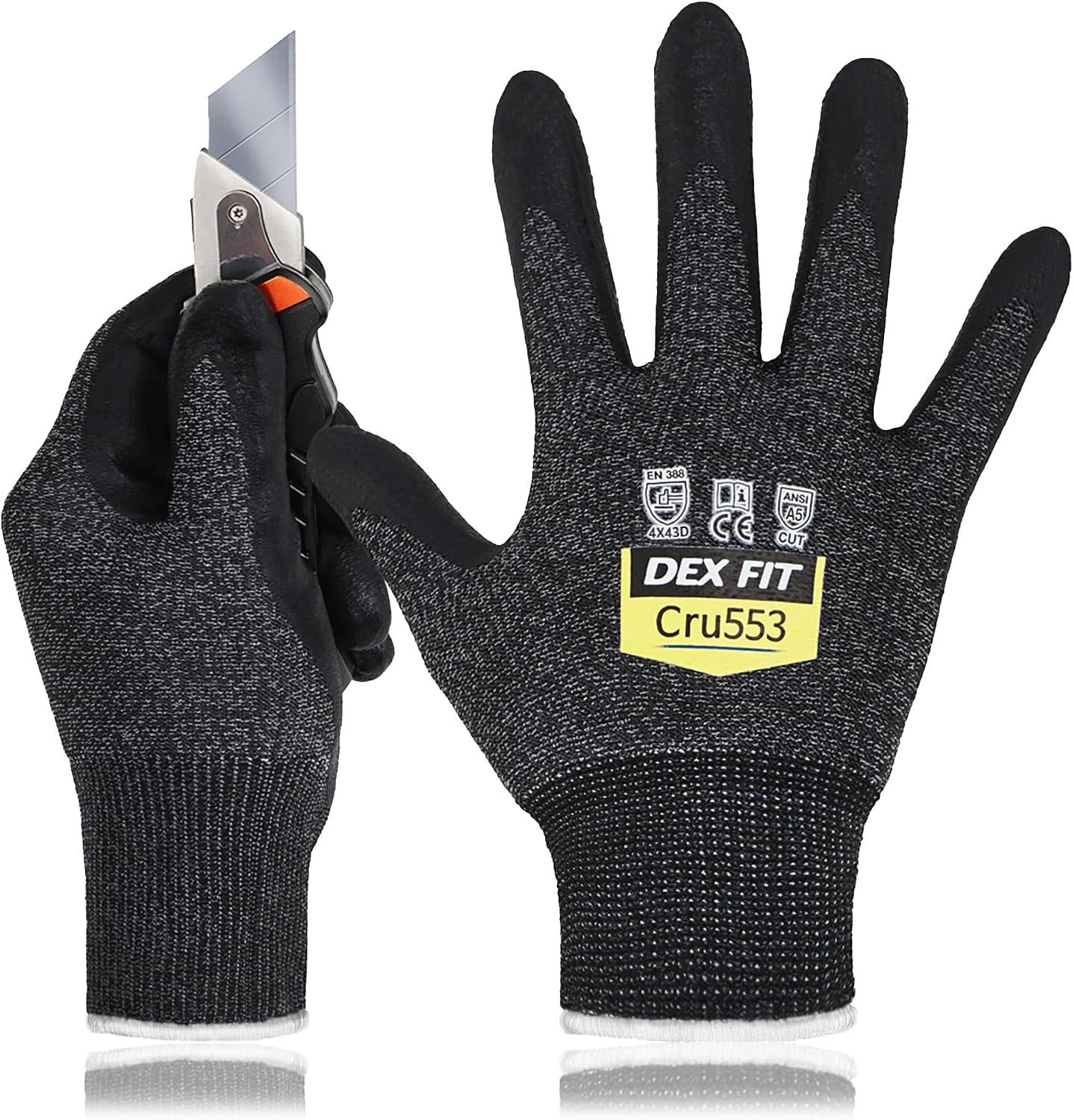DEX FIT Level 5 Cut Resistant Gloves Cru553, 3D-Comfort Fit, Firm Grip, Thin & Lightweight, Touch-Screen Compatible, Durable, Breathable & Cool, Machine Washable; Grey L (9) 1 Pair