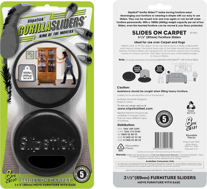 Slipstick GorillaSliders Premium Furniture Sliders for All Floor Surfaces (16 Piece Moving Kit) Reusable 3.5” Round Furniture Movers for Sliding Furniture on Hardwood & Carpet, Black, CB13-1-16