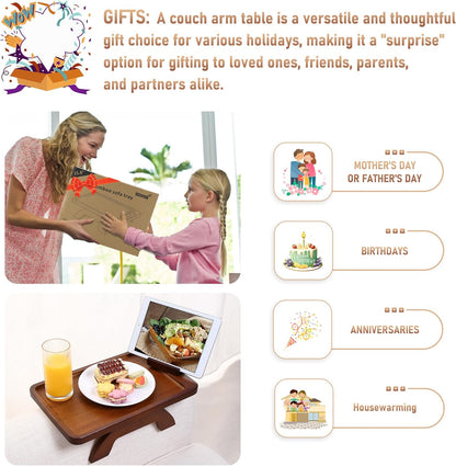 Couch Arm Tray,Bamboo Sofa Clip on Side Table,Foldable Couch Armrest Table with 360°Rotating Phone Holder,Anti Slip Food Trays for Eating/Drinks/Snacks/Remotes 15.35" x 9.85"