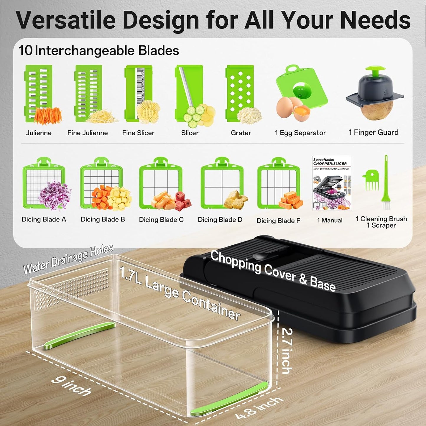 12-in-1 Vegetable Chopper with 7 Blades, Food Veggie Cutter, Green | Includes Egg Separator, Food Container and Finger Guard, Non-slip Base, for Chopping, Slicing, Shredding, and Mincing
