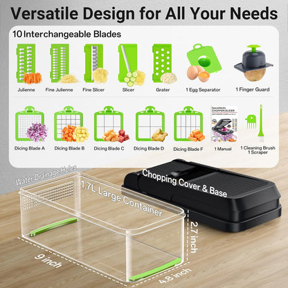 12-in-1 Vegetable Chopper with 7 Blades, Food Veggie Cutter, Green | Includes Egg Separator, Food Container and Finger Guard, Non-slip Base, for Chopping, Slicing, Shredding, and Mincing