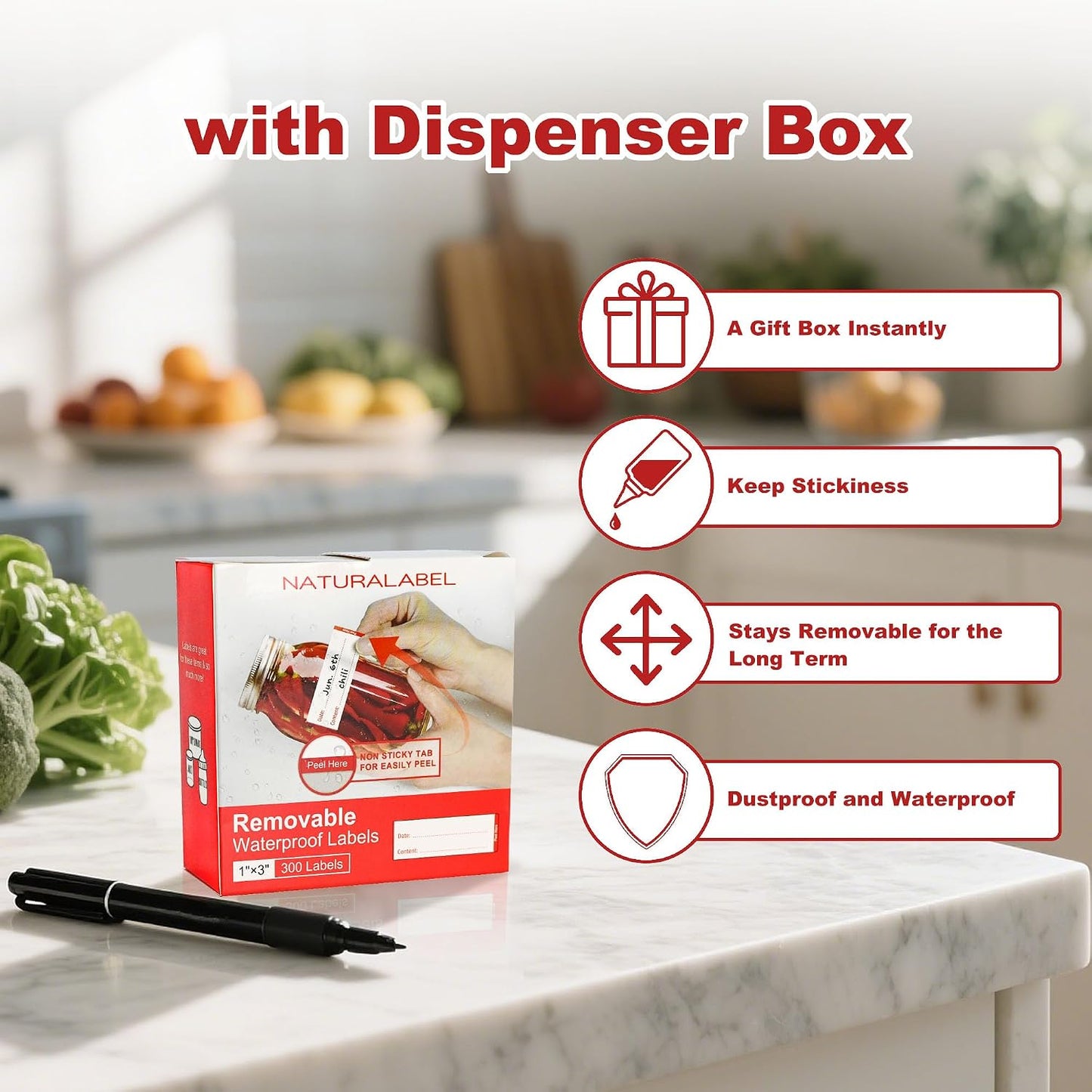 Removable Freezer Labels with Dispenser, 1" x 3", 1 Box (Red) | Writable, remove no residue, waterproof & oilproof, easy peel-off design, 300 labels per box, for meal prep containers