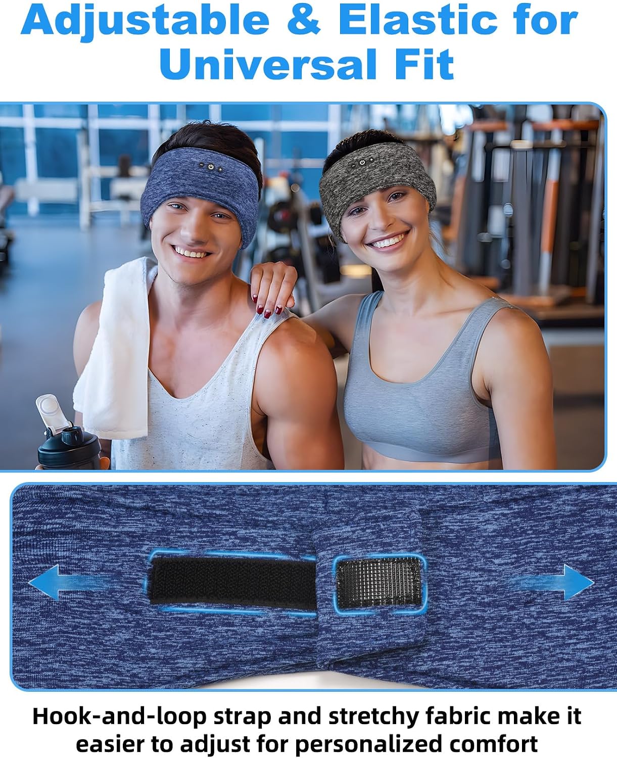 Adjustable Bluetooth Sleeping Headphones Headband for Men Women 2PCS | Hook-and-Loop, Thin Speakers, 14H Playtime, Earphones for Side Sleepers Running Workouts Sports Yoga Meditation - Blue&Gray