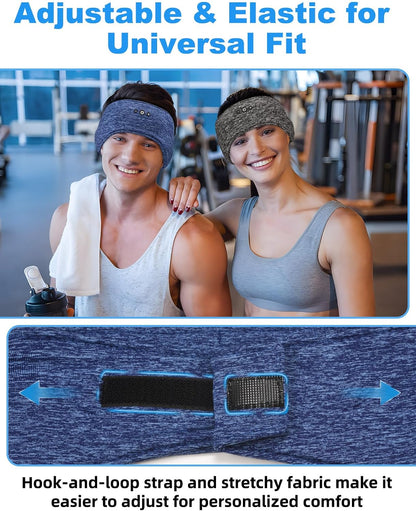 Adjustable Bluetooth Sleeping Headphones Headband for Men Women 2PCS | Hook-and-Loop, Thin Speakers, 14H Playtime, Earphones for Side Sleepers Running Workouts Sports Yoga Meditation - Blue&Gray