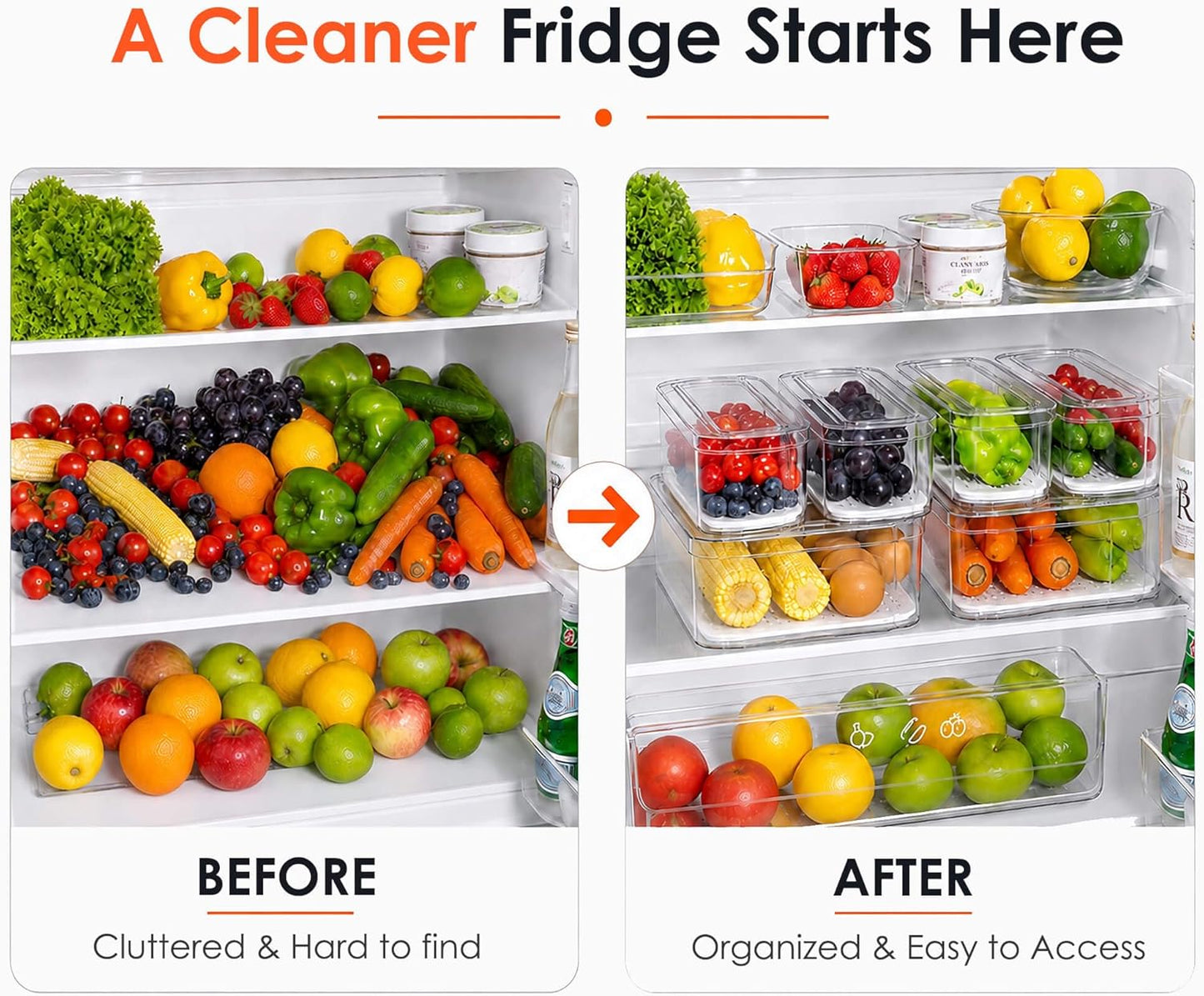 SMRCAD Clear Fridge Bins with Drain Trays - BPA-Free PET, Stackable(6 Pack) | 6 Pack: 1 Drawer + 5 lidded Bins, Helps Keep Produce Fresh, 16.3L Capacity, Hand Wash Only