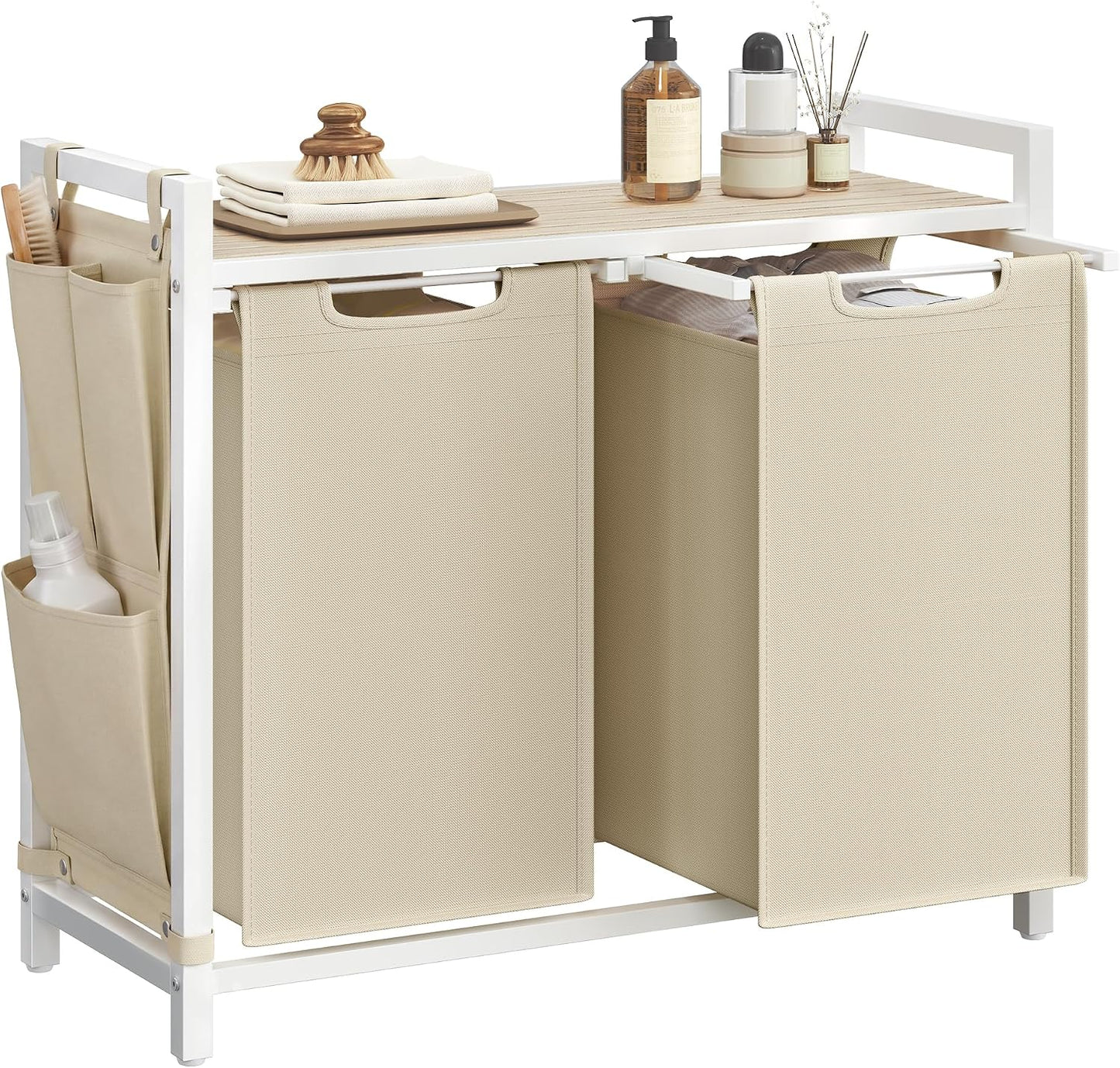 VASAGLE Laundry Hamper, Laundry Basket Sorter with 3 Pull-Out and Removable Bags, Shelf, Metal Frame, 3 x 10.6 Gallons (40 L), 36.4 x 13 x 28.4 Inches, Cappuccino Beige and Natural Beige UBLH301LH01