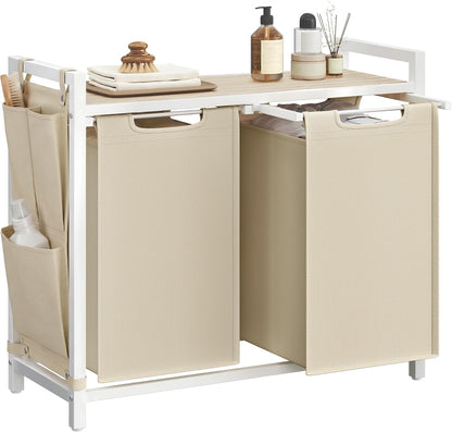 VASAGLE Laundry Hamper, Laundry Basket Sorter with 3 Pull-Out and Removable Bags, Shelf, Metal Frame, 3 x 10.6 Gallons (40 L), 36.4 x 13 x 28.4 Inches, Cappuccino Beige and Natural Beige UBLH301LH01