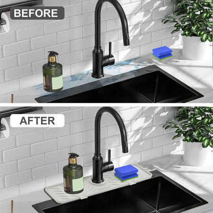 Silicone Faucet Mat for Kitchen Sink – Gen 2 Splash Guard with Upgraded Outlet & Slope – 18” x 5.1” Water Catcher & Sink Sponge Holder for Kitchen and Bathroom (Black)