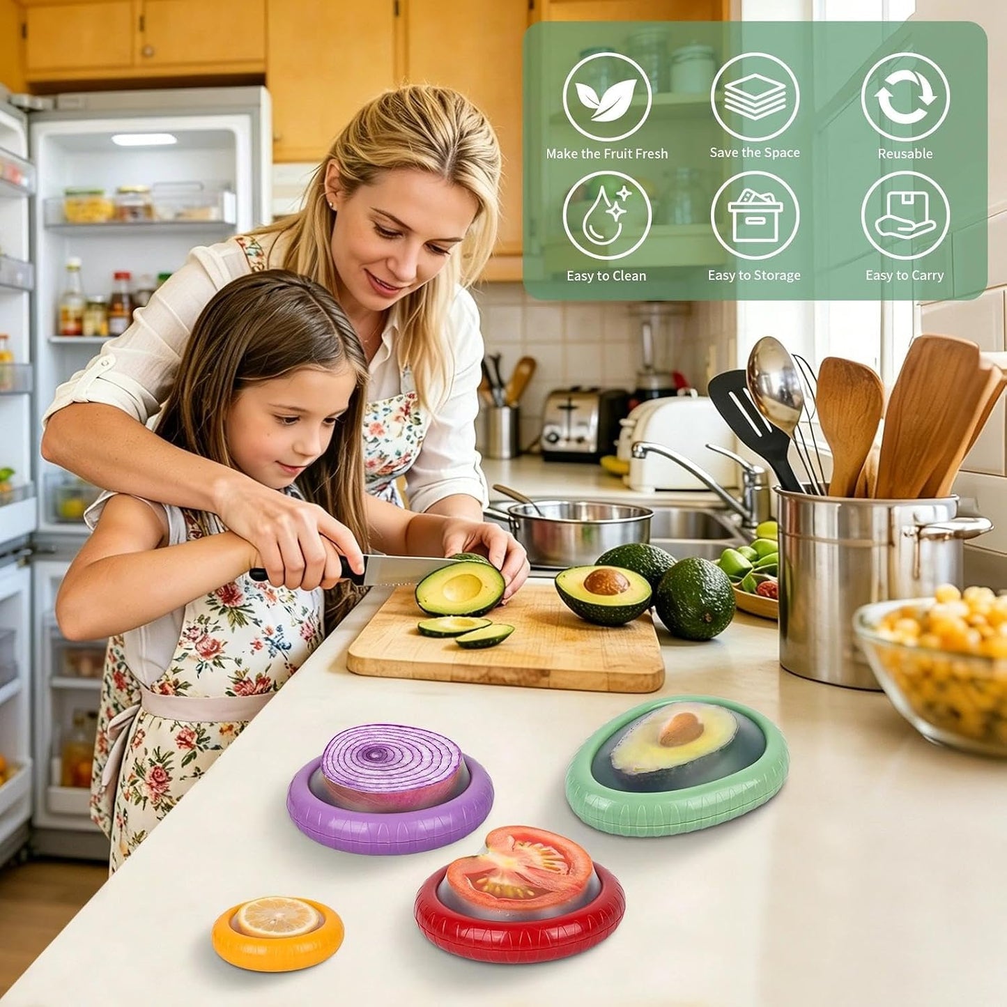 Avocado Saver Set of 4 Stretch Silicone & Plastic Food Storage Pods, Reusable Leak-Proof Produce Containers for Fridge, Keep Onion Lemon Tomato Vegetable Fresh
