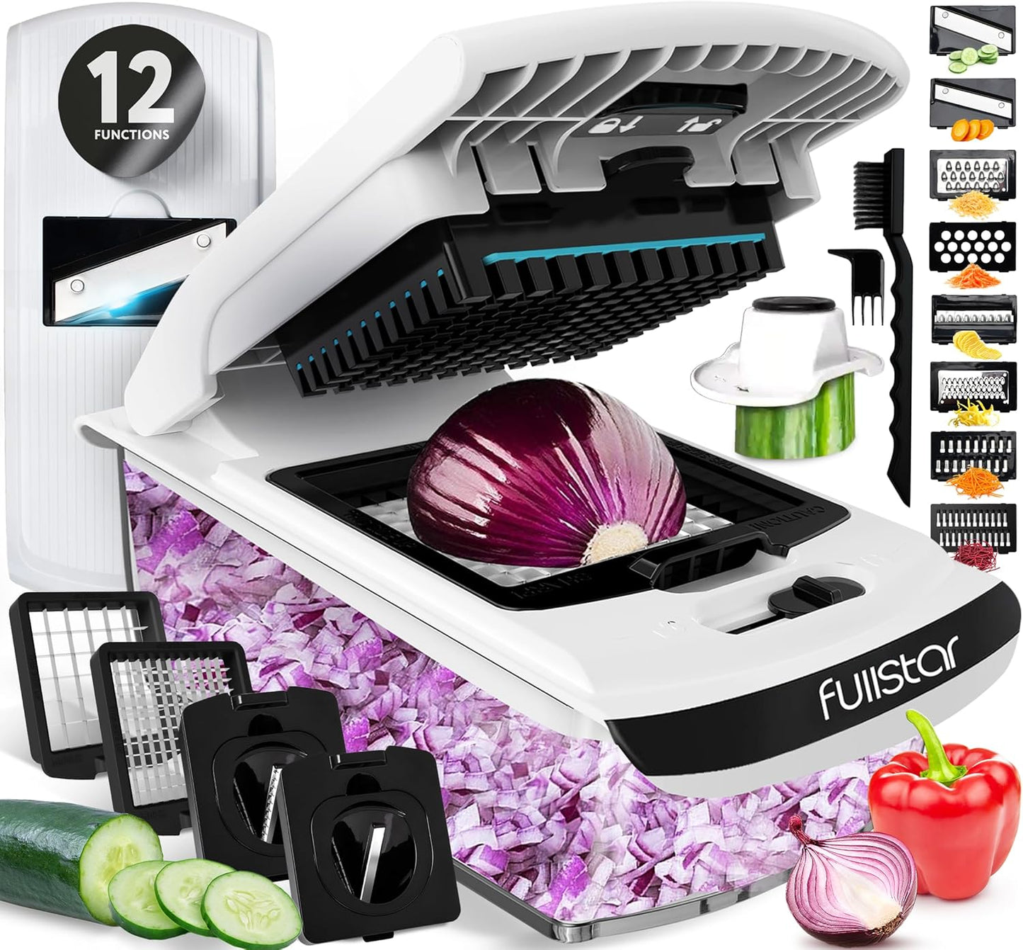 Fullstar Pro Core Vegetable Chopper & Mandoline Slicer, Meal Prep Essential | 6 in 1 Veggie Slicer, Onion & Fruit Slicer with Julienne, Grater & Dicer Stainless Steel Blades + Container (White)