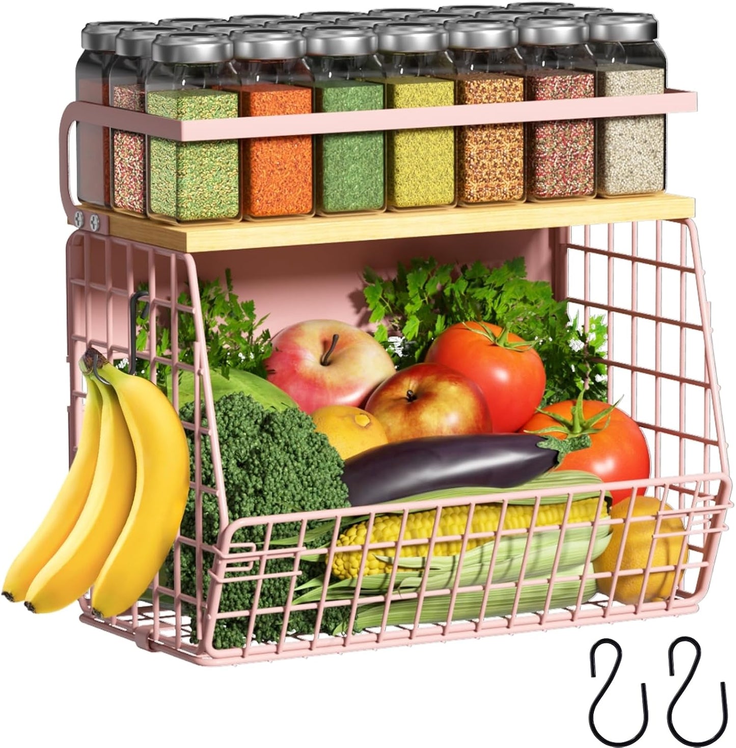 Magnetic Shelf for Fridge with Wood Lid, Fruit Potato and Onion Storage Bins, Pantry Organizers & Storage, Large Container Magnetic Spice Rack for Refrigerator, Kitchen Counter, Cabinet | Strong magnet holds 50lbs, ventilated bin for produce, versatile
