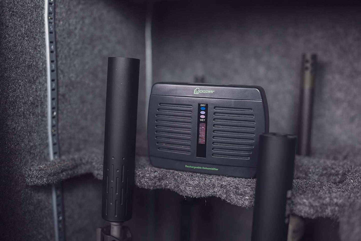 Lockdown Rechargeable/Renewable Dehumidifier with Compact, Cordless, Non-Toxic Design and Battery Level Indicator for Humidity Control in Gun Safe
