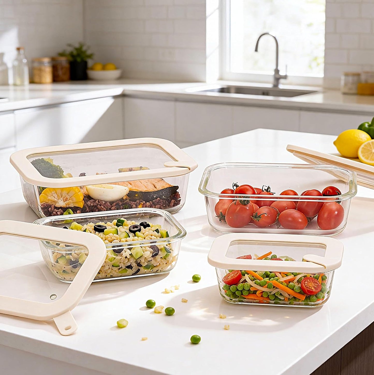 Glass Food Storage Containers with Glass Lids, Microwave Safe Food Container Set, Aitight Meal Prep Container Set, BPA Free, 2 extra Colanders, LeakProof, 2 Pack of 60oz