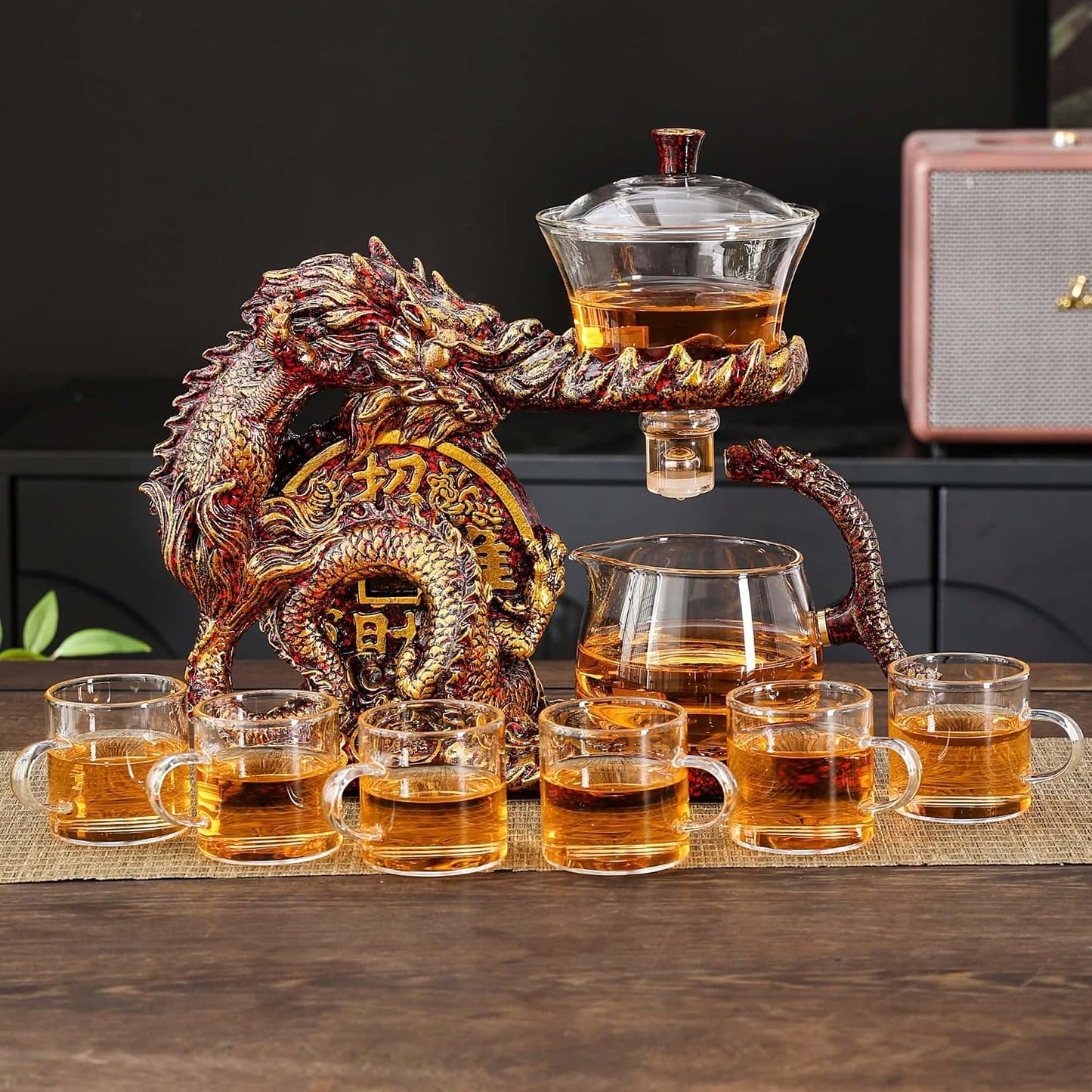 Glass Teapot Set with Infuser Semi Automatic Dragon Tea Set (Blue golden teapot)