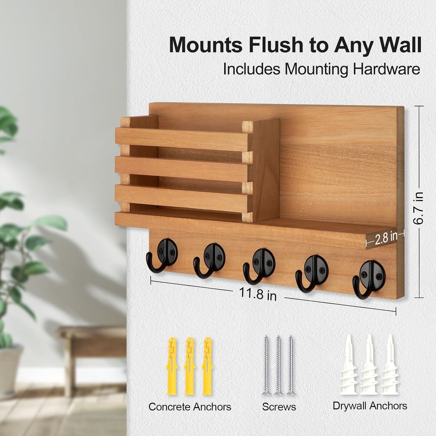 Lwenki Key Holder for Wall – Decorative Wooden Mail Holder and Key Shelf with Mounting Hardware, Installation Guide – Paulownia Wood with Metal Key Hooks (Black, Large - 11.8inch)