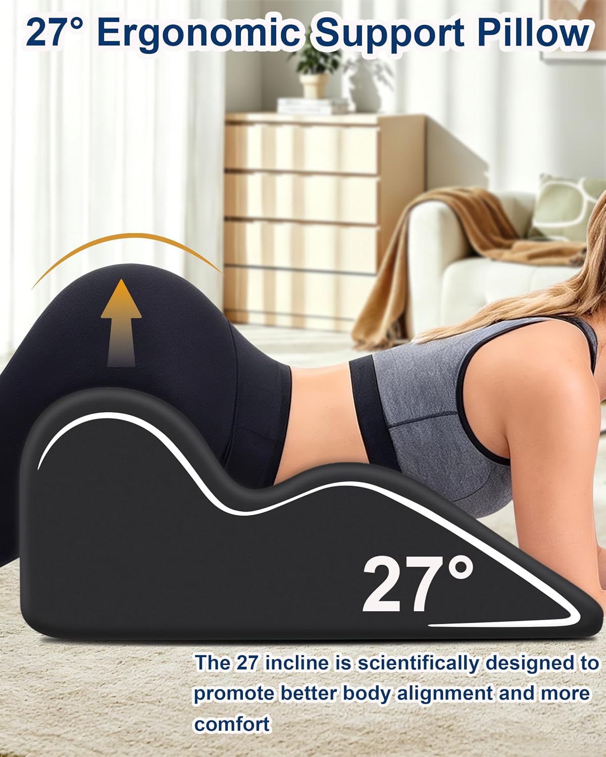 Ergonomic Memory Foam Wedge Pillow, 27° Bed Wedge Support, Black | Reading Reclining Sit Up Support, Upper Body Leg Elevation Comfort, Neck Back Waist Support, Removable Cover, Anti-Slip Base