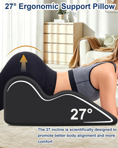 Ergonomic Memory Foam Wedge Pillow, 27° Bed Wedge Support, Black | Reading Reclining Sit Up Support, Upper Body Leg Elevation Comfort, Neck Back Waist Support, Removable Cover, Anti-Slip Base