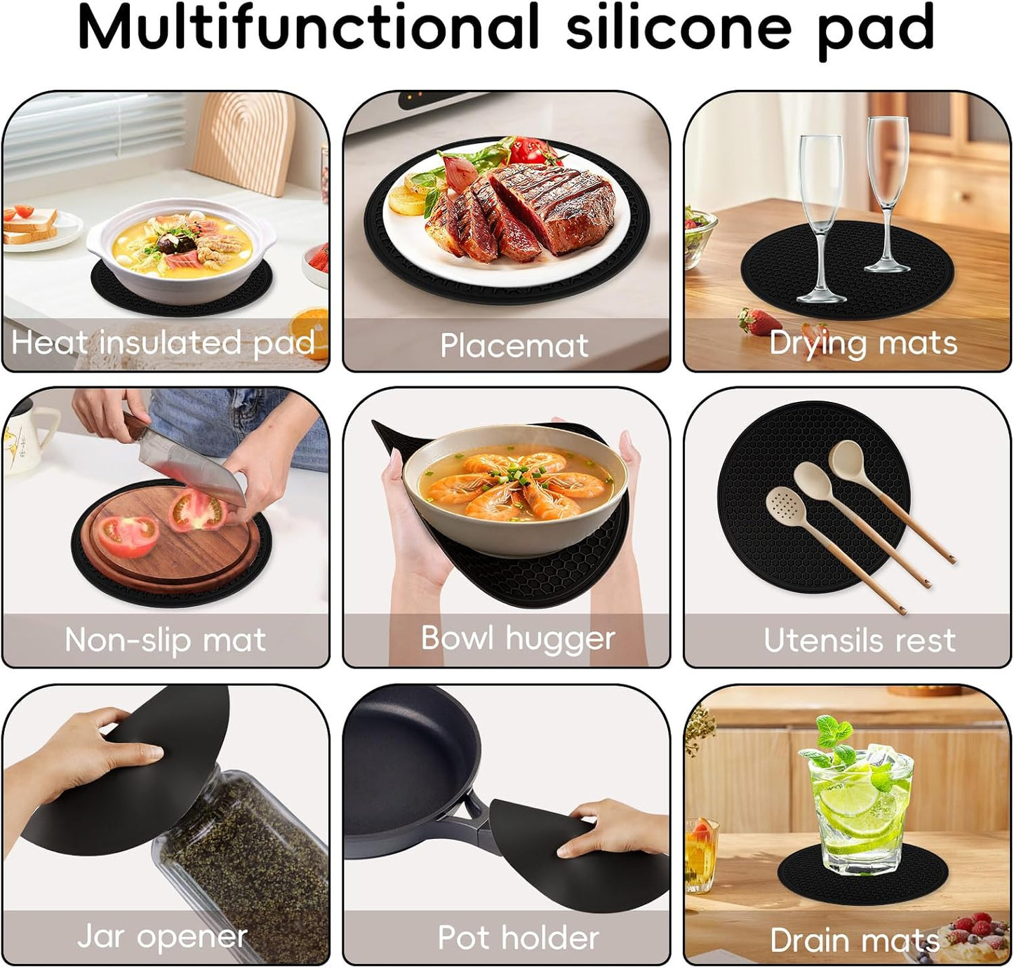 10.6“ Collapsible Microwave Splatter Cover for Food & Silicone Microwave Mat, Mat as Bowl Holder, Trivet, Pot Holders, Baking, Utensils Rest for Kitchen Counter, Dishwasher Safe (Grey)