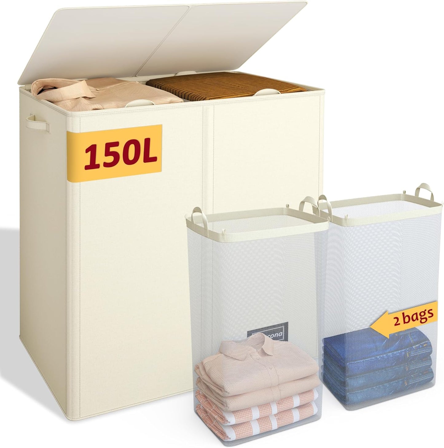195L Laundry Hamper 3 Section,Large Laundry Hamper with Lid,Dirty Clothes Hamper with 3 Inner Bags,Collapsible Laundry Basket Organizer for Laundry Room,Bedroom,Laundry Sorter Hamper 3 Compartment