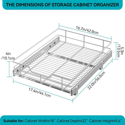 Pull Out Cabinet Organizer 15" W X 22" D, Chromed, Full Slide Out Drawers | For Kitchen Organizers and Storage, Pull Out Drawers For Cabinets Capacity Heavy Duty Caddy, Cabinet Shelves, Bathroom Pantry