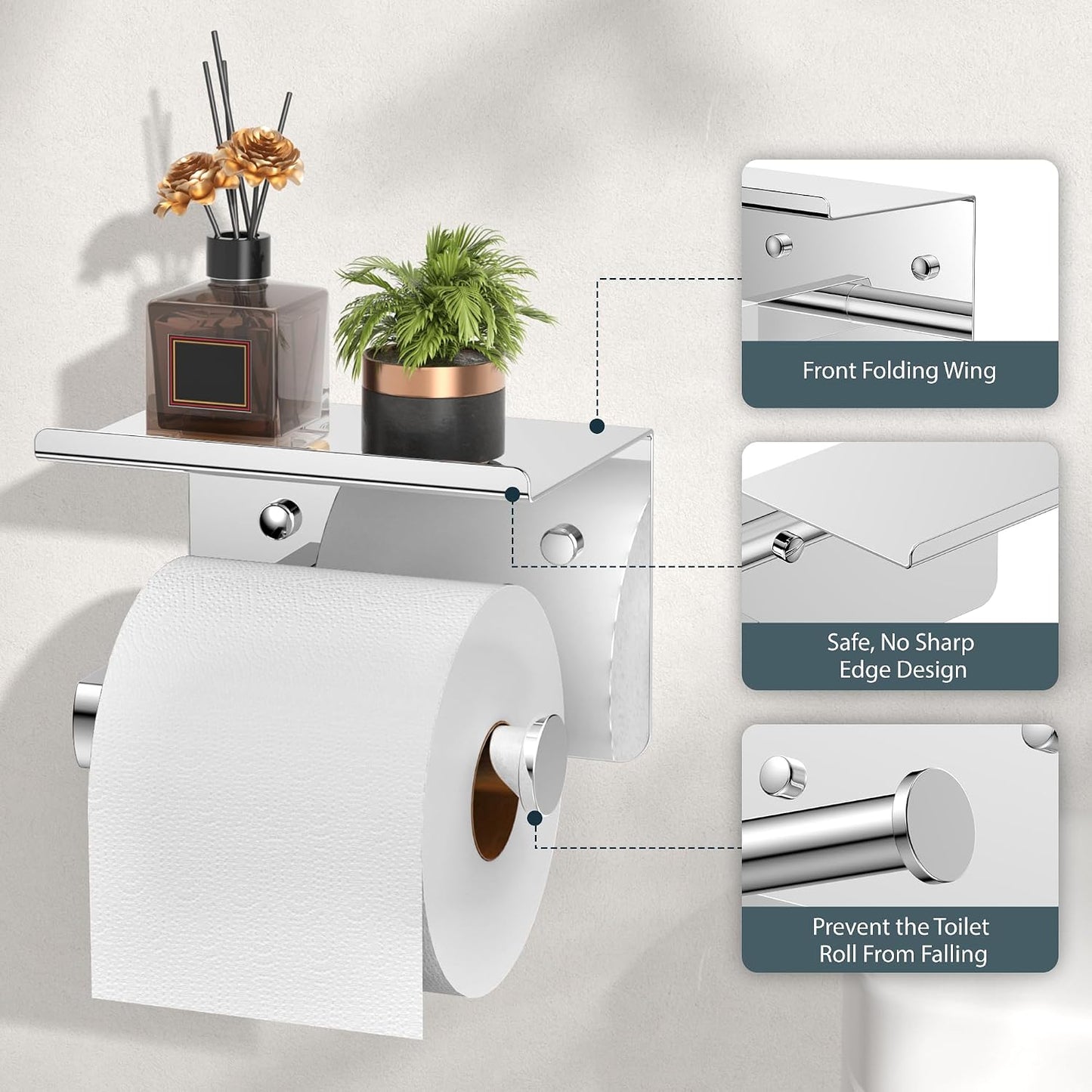 FORIOUS Toilet Paper Holder with Shelf, Adhesive or Screw, Commercial | Brushed Nickel | Wall Mount Bathroom Tissue Holder | SUS304 Stainless Steel Rustproof | Bathroom Tissue Roll Holder