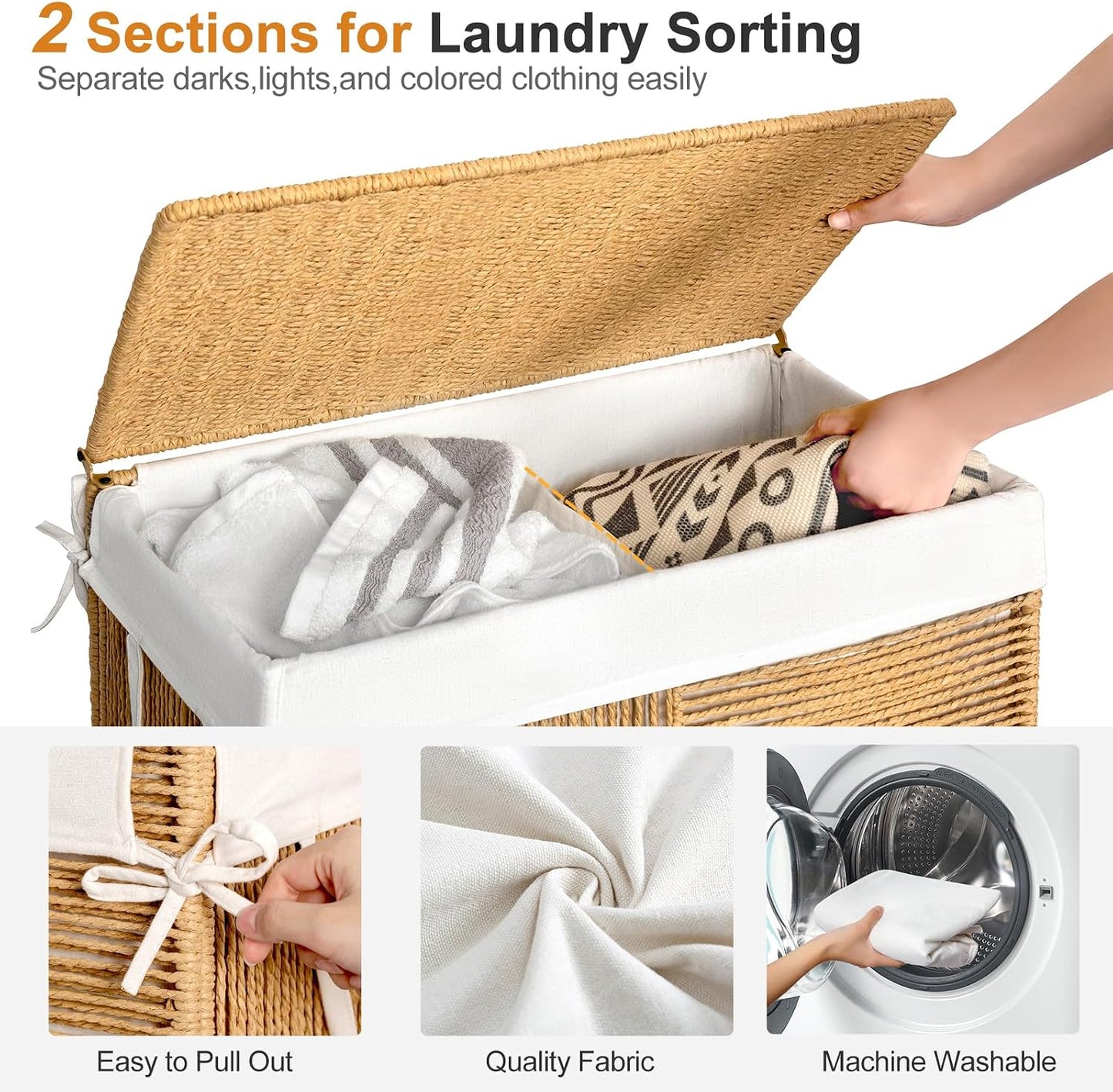 WOWLIVE Double Laundry Hamper with Wheels, Handwoven Rolling Laundry Basket | 115L Dirty Clothes Hamper with Lid, Removable Liner Bag, Large Capacity Laundry Sorter Laundry Room Organization, Green