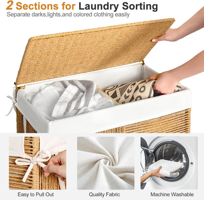 WOWLIVE Double Laundry Hamper with Wheels, Handwoven Rolling Laundry Basket | 115L Dirty Clothes Hamper with Lid, Removable Liner Bag, Large Capacity Laundry Sorter Laundry Room Organization, Green
