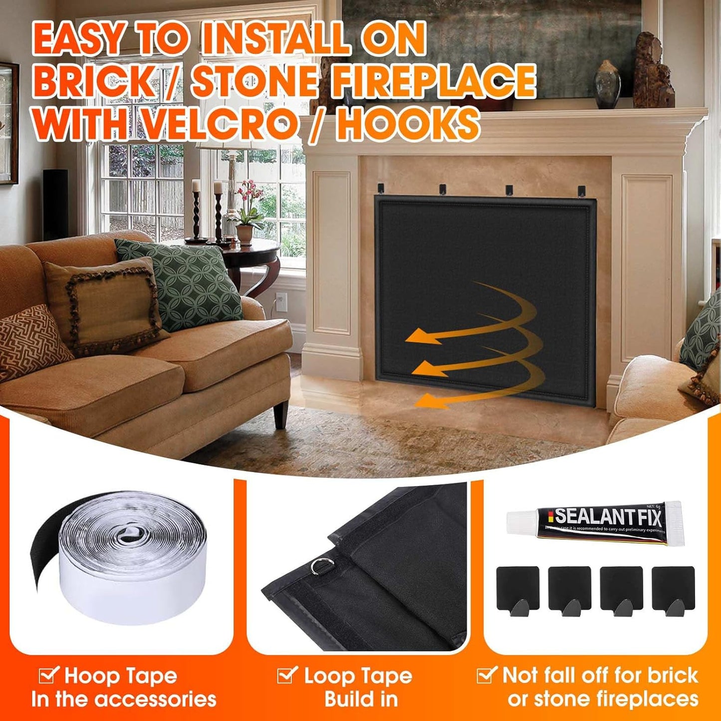 Magnetic Fireplace Draft Cover, Fireplace Blocker Blanket Stops Heat Loss, Adjustable Fireplace Draft Stopper Save Energy for Indoor Iron Frame Black 42" W x 36" H