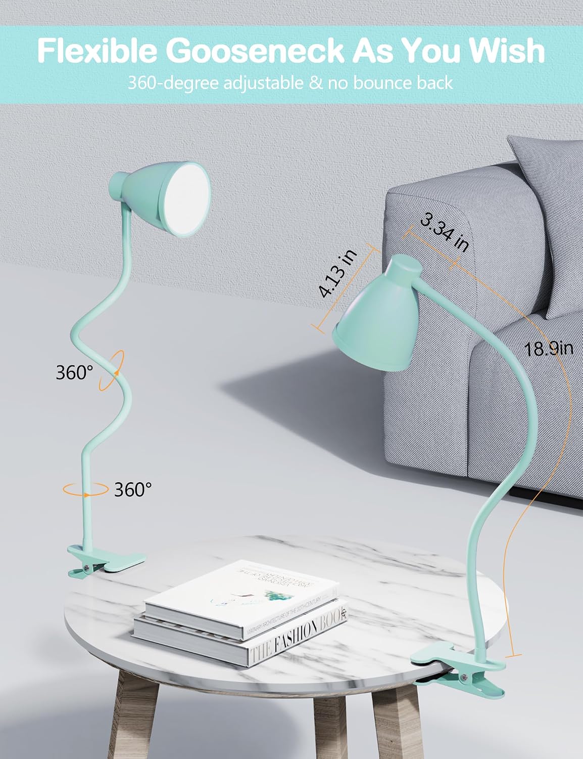 BOHON Desk Lamp 5 Color Modes 10 Brightness Dimmer Reading Light Black | 10W 38 LED Clamp Lamp with Auto Off Timer 360° Flexible Neck Clip on Light for Bed Bedside, AC Adapter Include